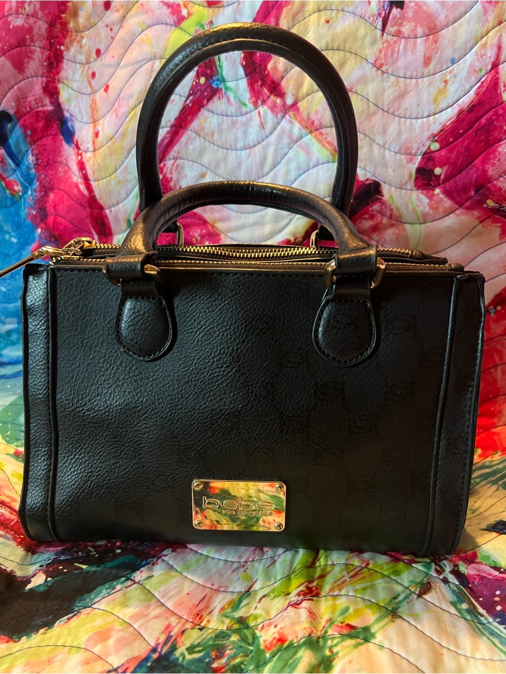 bebe Black Leather Satchel with Gold Plaque